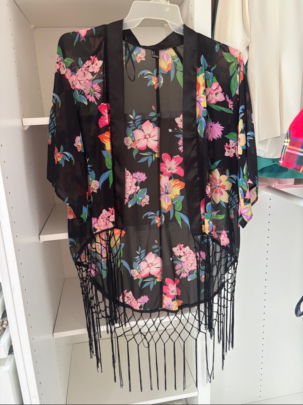 Forever 21 Black Floral Sheer Kimono with Fringe